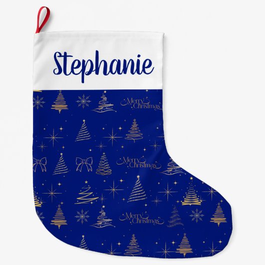 Elegant Blue W/ Gold Christmas Tree Doodles Grote Kerstsok (Voorkant)