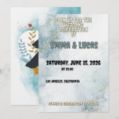Elegant Blue Watercolor & Gold Wedding Invitation Kaart (Voorkant / Achterkant)