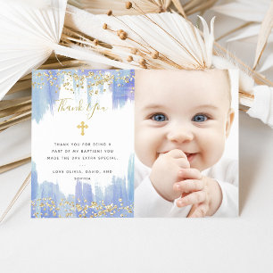 Elegant Blue Waterverf en Gold   Fotobaptisme Bedankkaart