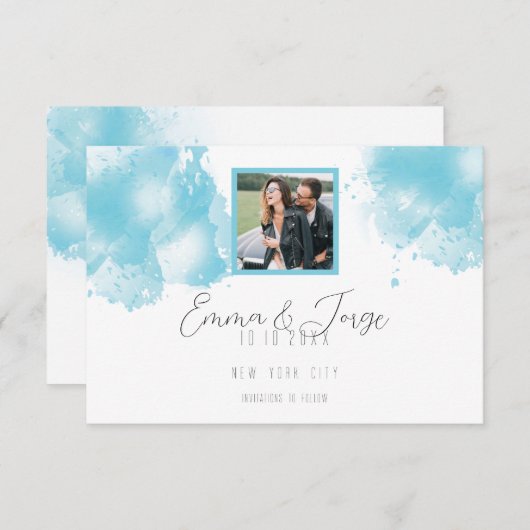 Elegant Blue Waterverf Flat Save the Date Kaart (Voorkant / Achterkant)