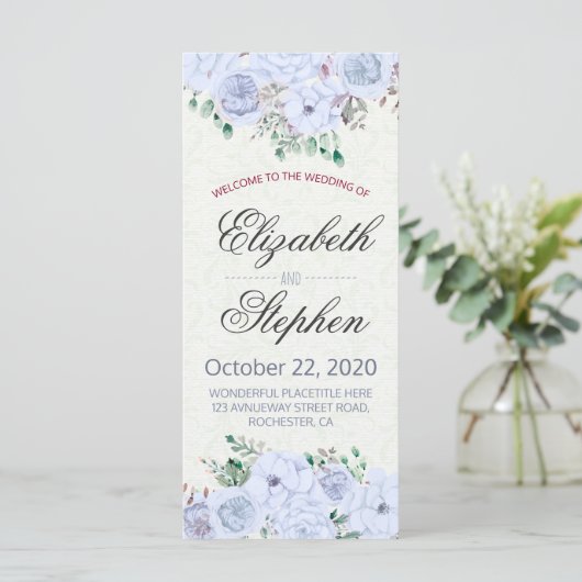 Elegant Blue Waterverf Floral Wedding Programme Programma (Staand voorkant)