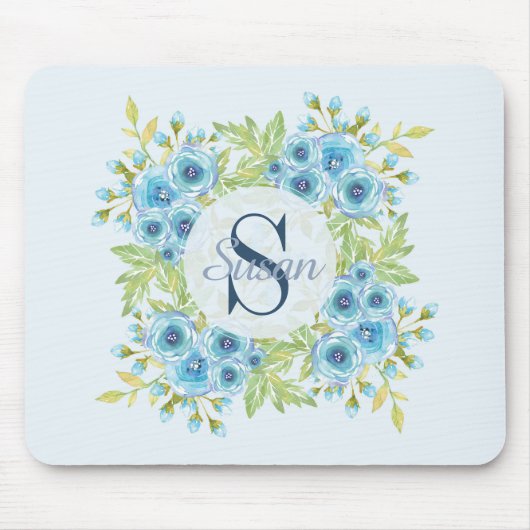 Elegant Blue Waterverf Flower Monogram Muismat (Voorkant)