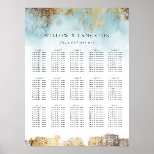 Elegant Blue Waterverf Gold Wedding Seding Chart Poster (Voorkant)