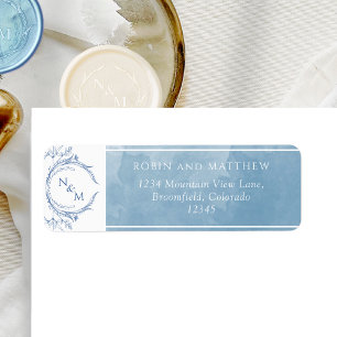 Elegant Blue Waterverf, Monogram Weddenschap Label