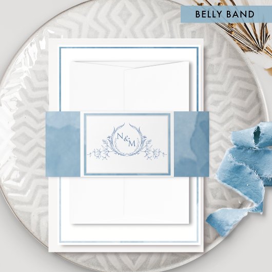 Elegant Blue Waterverf, Monogram Wedding Invitati Uitnodigingen Wikkel