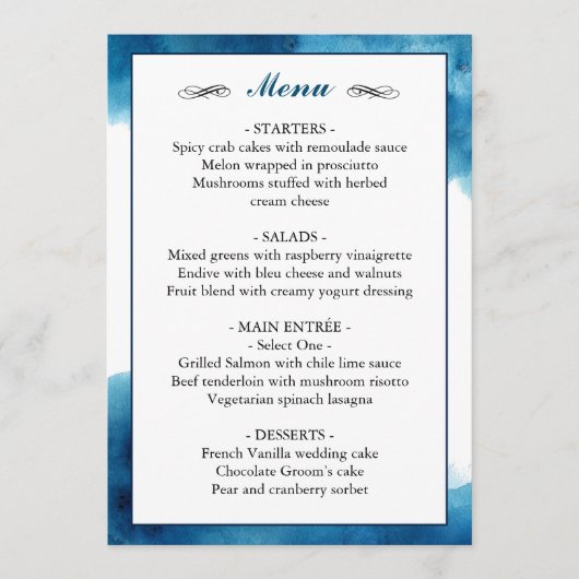 Elegant Blue Waterverf Wedding Menu (Voorkant)