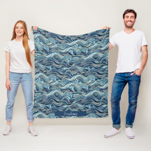 Elegant Blue Wave patroon met gouden accenten Fleece Deken