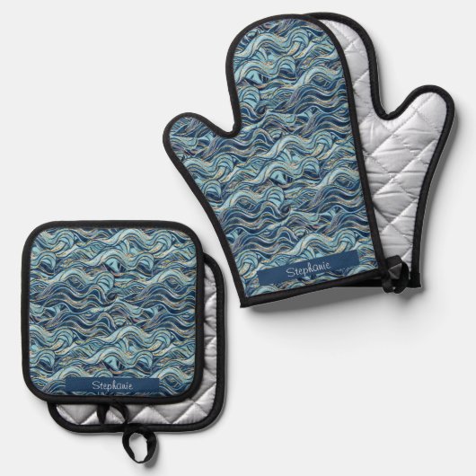 Elegant Blue Wave patroon met gouden accenten Ovenwant & Pannenlap Set (Voorkant / Achterkant)