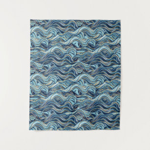 Elegant Blue Wave patroon met gouden accenten Wandkleed
