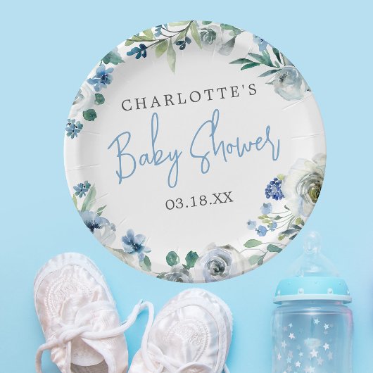 Elegant Blue White Floral Spring Boy Baby shower Papieren Bordje