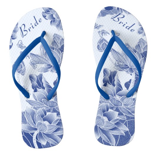 Elegant Blue White Floral Wedding Bride Teenslippers (Voetbed)