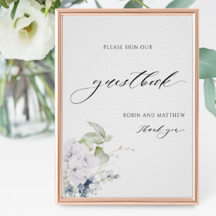 Elegant Blue White Floral Wedding Guestbook Poster