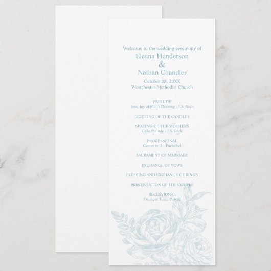 Élégant Blue White Floral Wedding Programme (Devant / Derrière)
