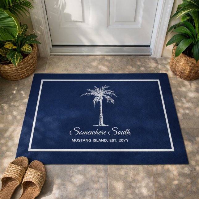 Elegant Blue White Palm Tree (aangepast) Deurmat (Elegant Blue White Palm Tree Personalized Doormat)