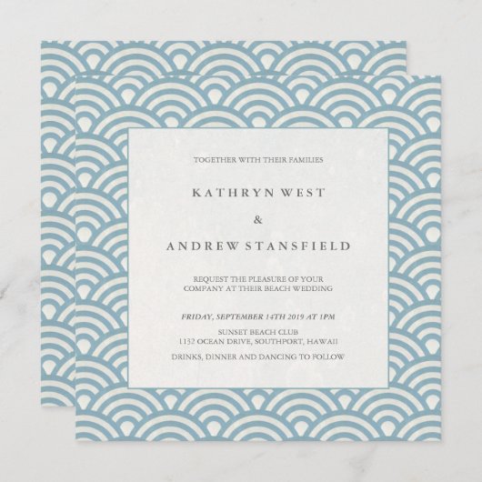 Elegant Blue + White Patterned Wedding Invitation Kaart (Voorkant / Achterkant)