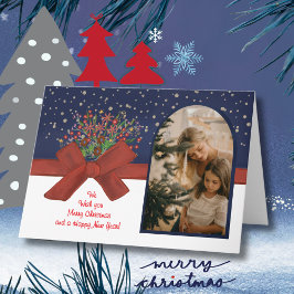 Elegant Blue & White Photo Arch  Christmas Bow Feestdagen Kaart