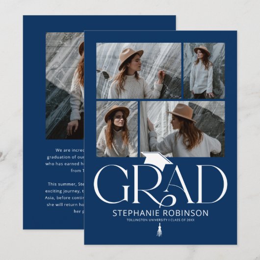 Elegant Blue & White Photo Collage Graduation Aankondiging (Voorkant / Achterkant)