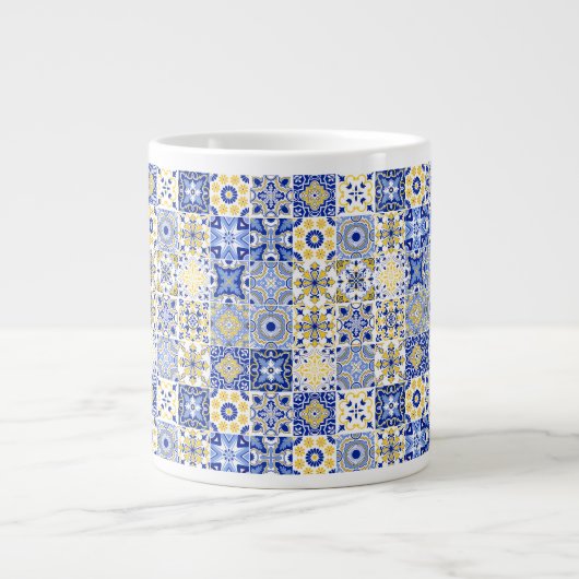 Elegant blue& white Portuguese Azulejo pattern  Extra Grote Beker (Voorkant)