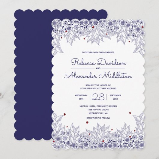 Elegant Blue White Scalloped Wedding Kaart (Voorkant / Achterkant)