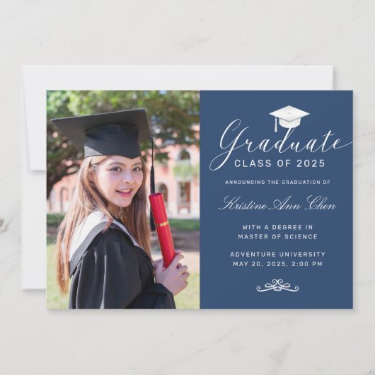 Elegant Blue White Script Pet Foto Afstuderen Aankondiging (Voorkant)