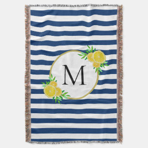 Elegant Blue White Stripes Italiaanse Lemons Monog Deken
