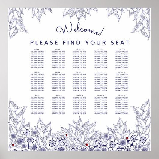 Elegant Blue White Wedding Seating Chart Poster (Voorkant)