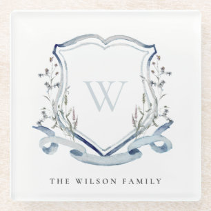 Elegant Blue Wilde Waterverf Monogram Crest Glazen Onderzetter