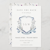 Elegant Blue Wilde Waterverf Monogram Crest Save The Date (Voorkant / Achterkant)