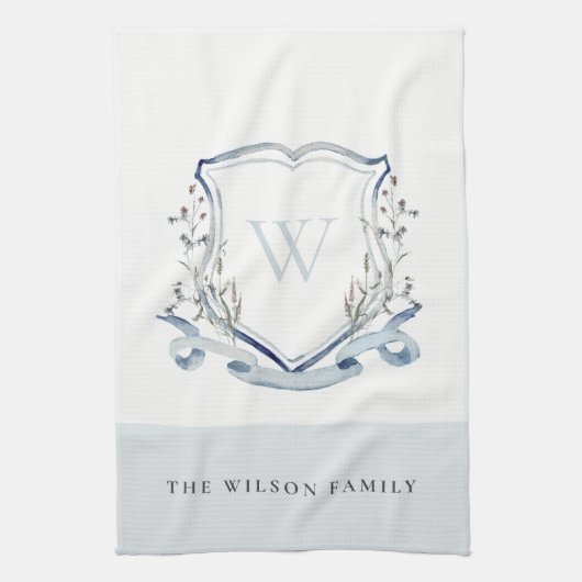 Elegant Blue Wilde Waterverf Monogram Crest Theedoek (Verticaal)