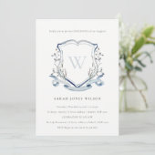 Elegant Blue Wildflower Monogram Crest Christening Kaart (Staand voorkant)