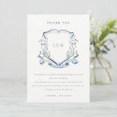 Elegant Blue Wildflower Monogram Crest Wedding Bedankkaart (Staand voorkant)