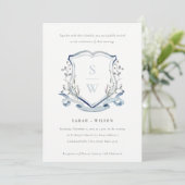 Elegant Blue Wildflower Monogram Crest Wedding Kaart (Staand voorkant)
