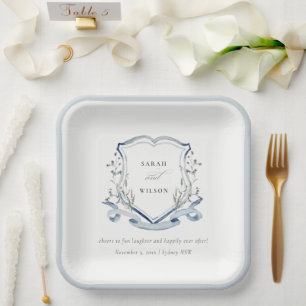 Elegant Blue Wildflower Waterverf Crest Wedding Papieren Bordje