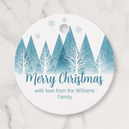 Elegant Blue Winter Trees Custom Kerstparty Bedankjes Labels (Voorkant)