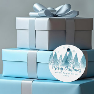 Elegant Blue Winter Trees Custom Kerstparty Bedankjes Labels