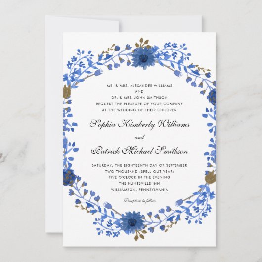 Elegant Blue Wreath | Alle ouders die een bruiloft Kaart (Voorkant)