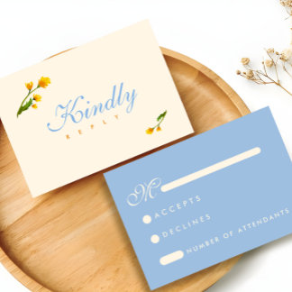 Elegant Blue & Yellow watercolor floral wedding RSVP Kaartje