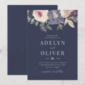 Elegant Blush and Navy Floral Wedding Invitation Kaart (Voorkant / Achterkant)