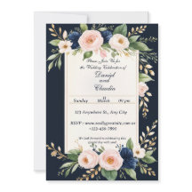 Elegant Blush and Navy Floral Wedding Invitation