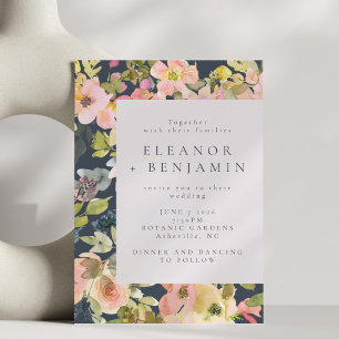 Elegant Blush and Navy Waterverf Floral Wedding Kaart