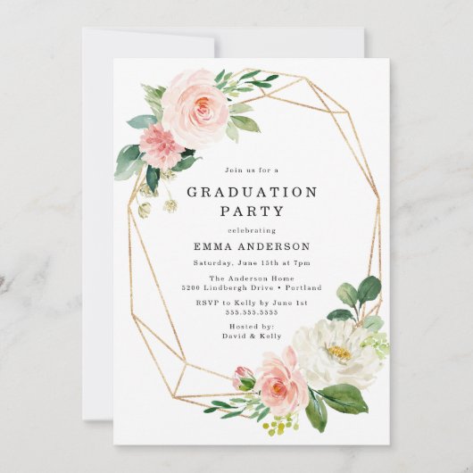 Elegant Blush Bloemen Goud Lijst Afstudeerfeest Kaart (Voorkant)