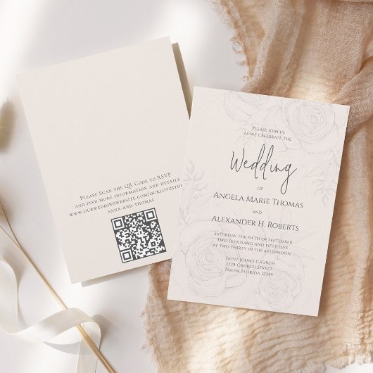 Elegant Blush Bloemen Kalligrafie Script QR Code Kaart