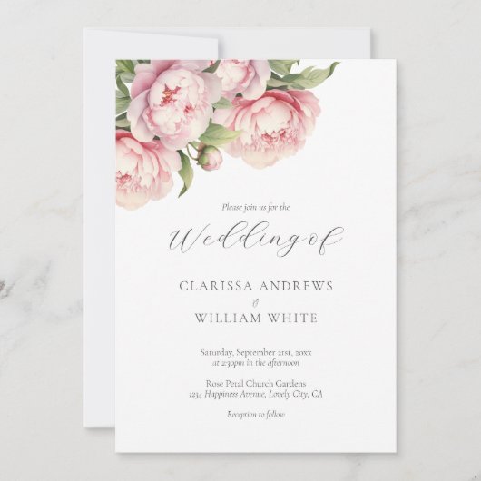 Elegant Blush Bloemen Wit Modern Script Bruiloft Kaart (Voorkant)