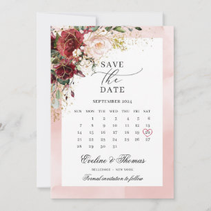 Elegant blush Bourgognige bloemgulden bladeren boh Save The Date