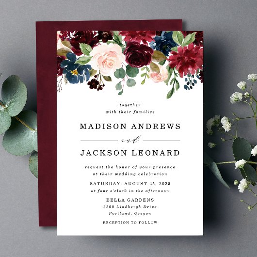 Elegant Blush Bourgondië Navy Bloemen Bruiloft Kaart