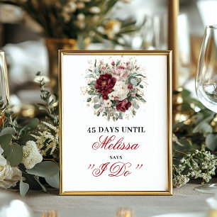 Elegant Blush Burgundy Countdown Bord Bruidsfeest Poster