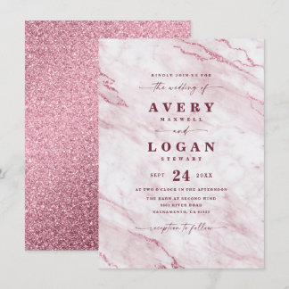 Elegant Blush & Burgundy Marble & Glitter Wedding Kaart