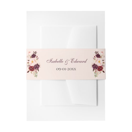 Elegant Blush & Burgundy Rozen Bouquet Wedding Uitnodigingen Wikkel (Voorkant Voorbeeld)