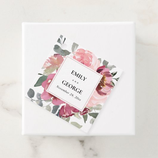 ELEGANT BLUSH BURGUNDY WATERVERF FLORAL WEDING BEDANKJES LABELS (In situ)