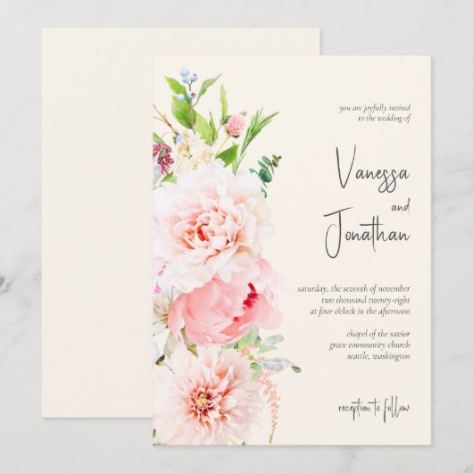 Elegant Blush en Ivory Floral Invitation Kaart (Voorkant / Achterkant)